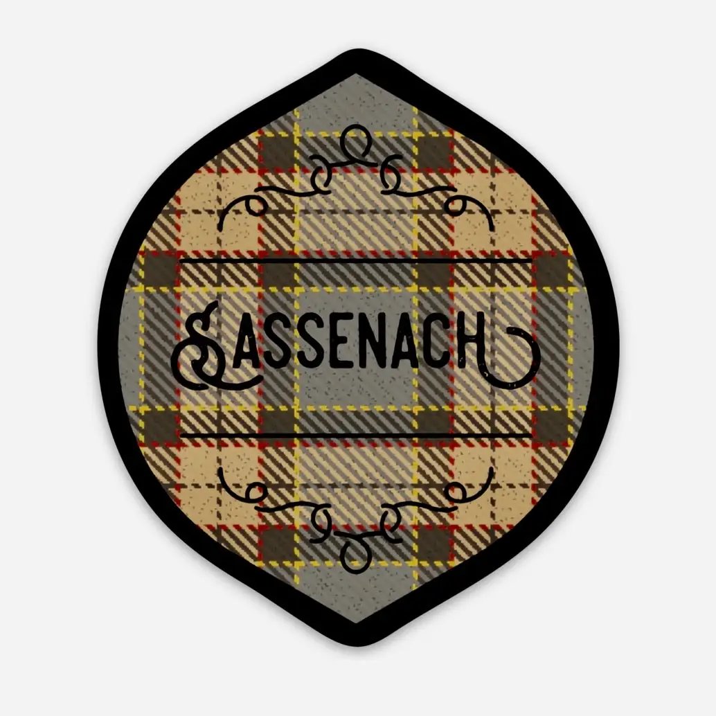 Sassenach Outlander inspired tartan sticker with beige gray plaid and decorative swirls border on Tampa Home & Garden Store