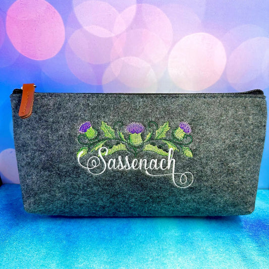 Pouch Sassenach Thistle embroidered felt zipper pouch with brown leather pull on Tampa Home & Garden Store