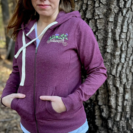 Sassenach Thistle Embroidered Zipper Hoodie in purple with floral embroidery on Tampa Home & Garden Store