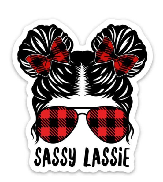 Sticker Sassy Lassie plaid pigtails aviators with red buffalo plaid sunglasses on Tampa Home & Garden Store