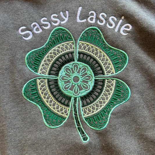 Sassy Lassie Shamrock Embroidered Hoodie gray heather fleece with green shamrock motif on Tampa Home & Garden Store