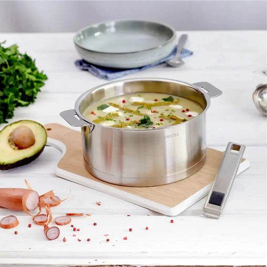 Stainless steel saucepan with glass lid by CRISTEL USA, silver finish and side handles on Tampa Home & Garden Store