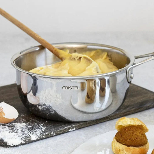 CRISTEL USA premium stainless steel saucepan without lid with wooden spoon in pot on Tampa Home & Garden Store