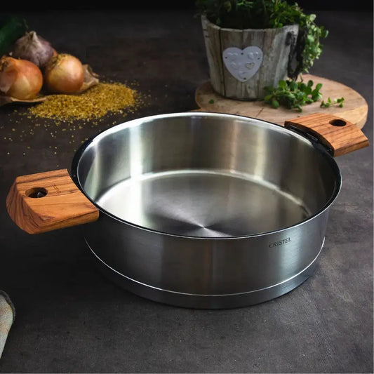 CRISTEL USA sauté pan with detachable wooden side handles and stainless steel body on Tampa Home & Garden Store