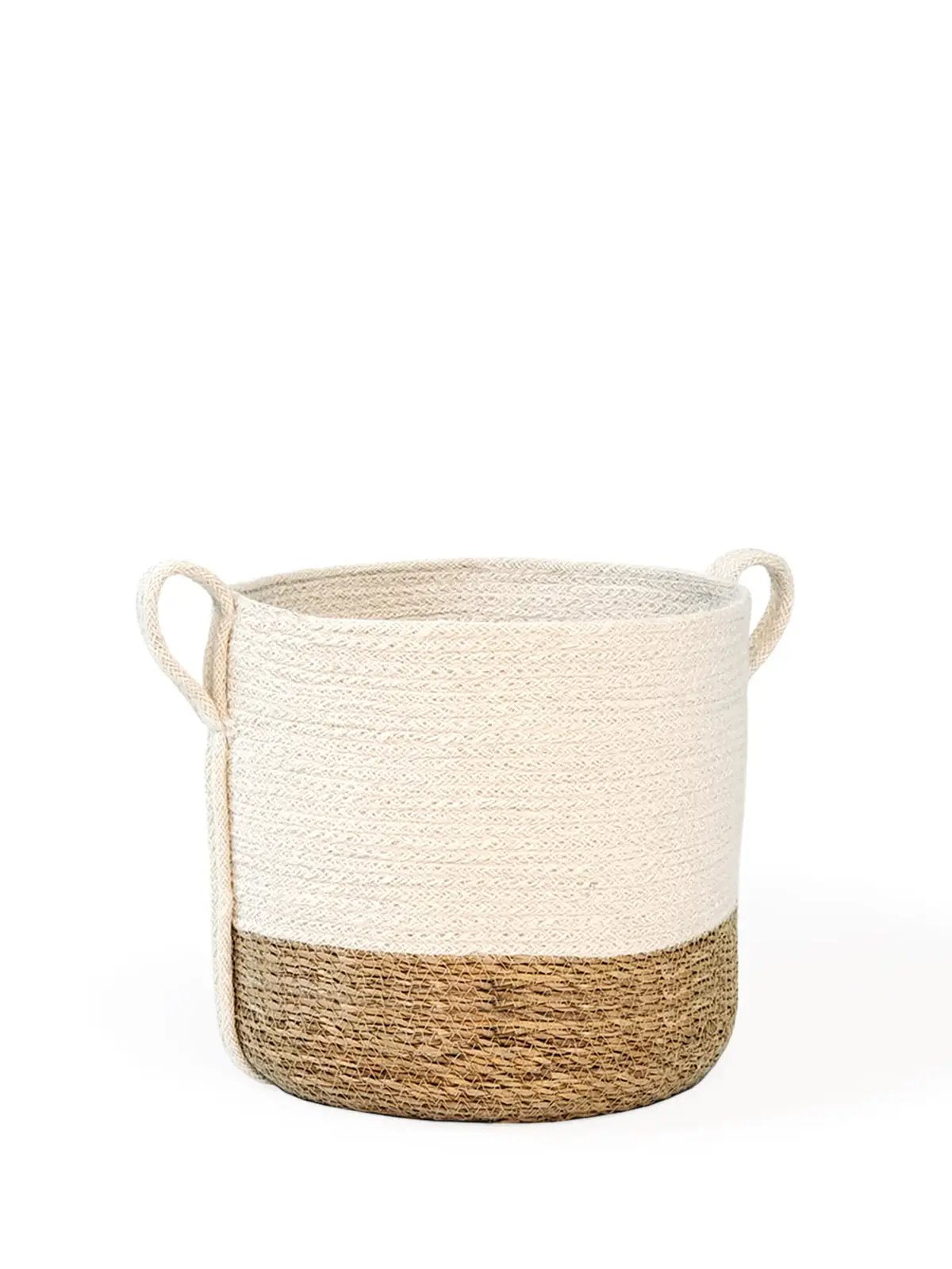 Savar Basket with Side Handle Handwoven storage basket, two-tone beige and brown on Tampa Home & Garden Store