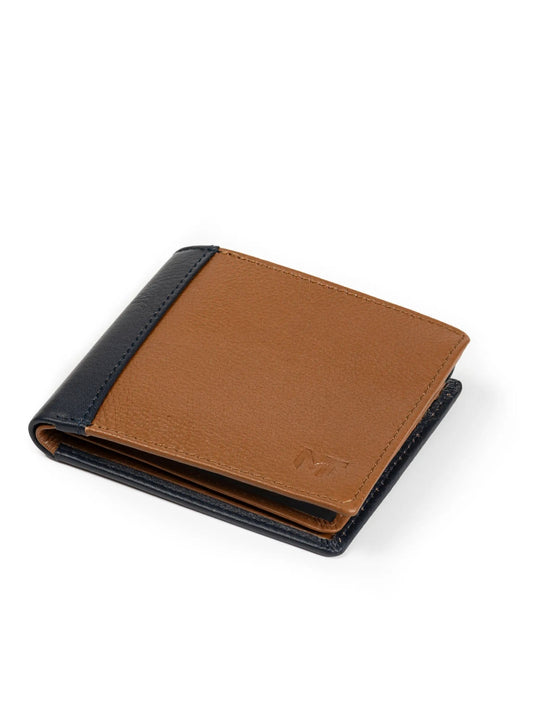 Saxton bi-colour full-grain leather wallet with tan body and navy edges on Tampa Home & Garden Store