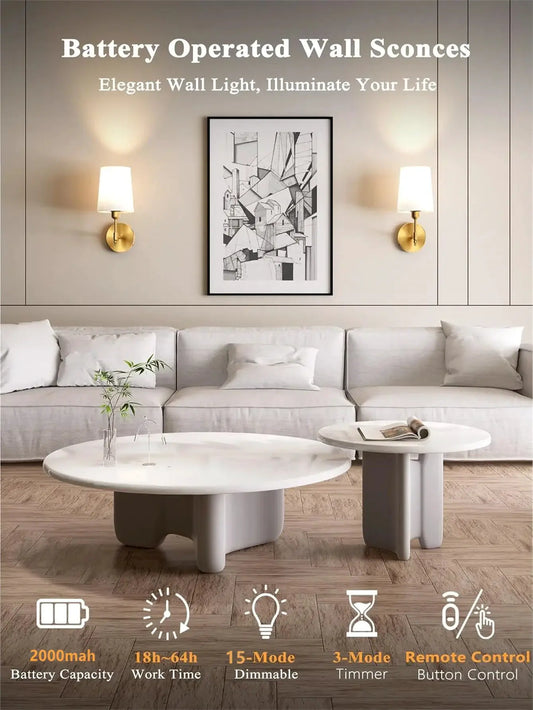 Wireless Wall Lamp Rechargeable RGB Battery Light, dual brass wall sconces with white shades on Tampa Home & Garden Store