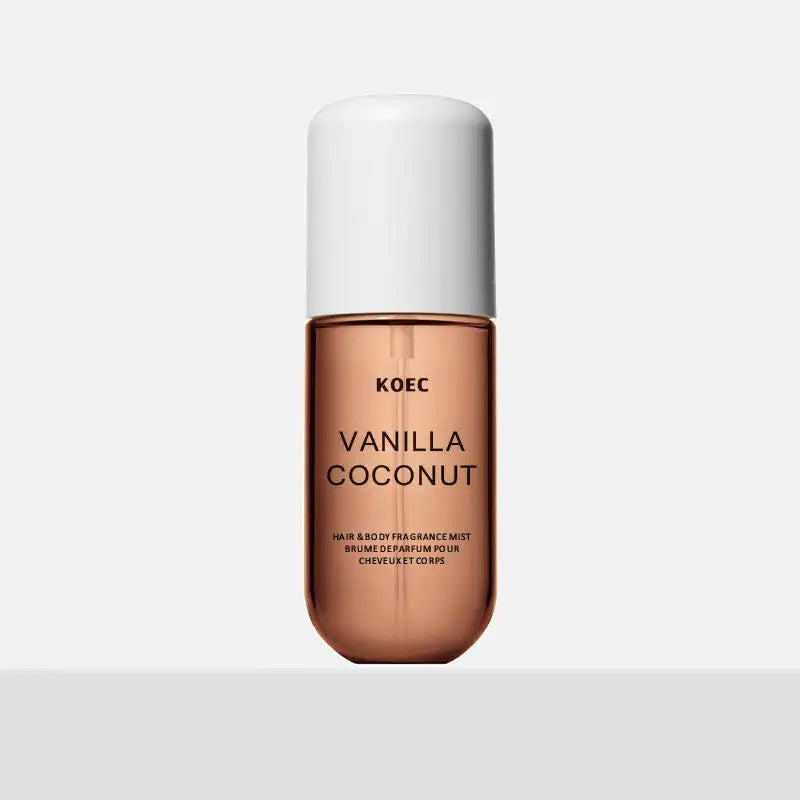KOEC Vanilla Coconut fragrance mist bottle with rose-gold liquid and white cap on Tampa Home & Garden Store