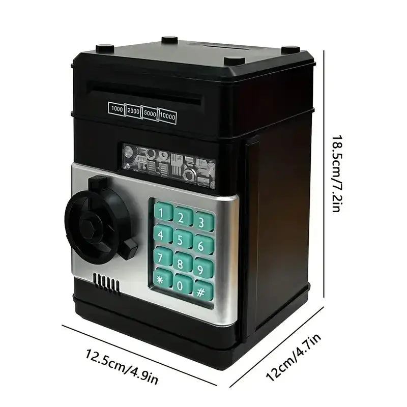Electronic piggy bank safe with password lock black body and teal keypad Moktan Sabai on Tampa Home & Garden Store