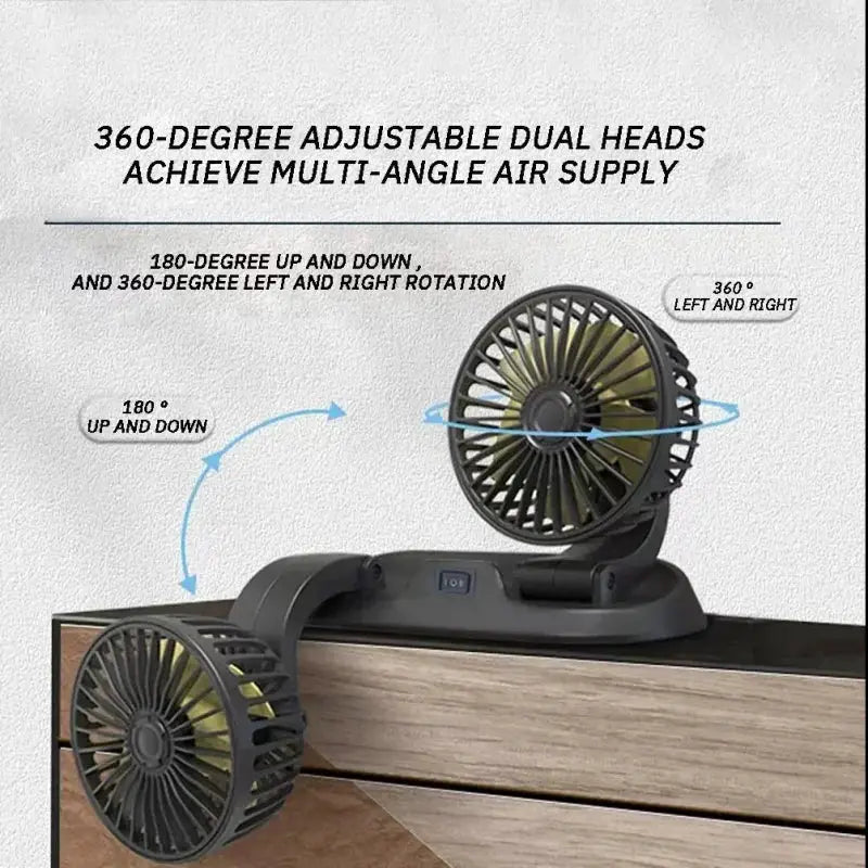 Dual-head car cooling fan with USB power, black plastic body, 360°/180° adjustable, Moktan Sabai on Tampa Home & Garden Store