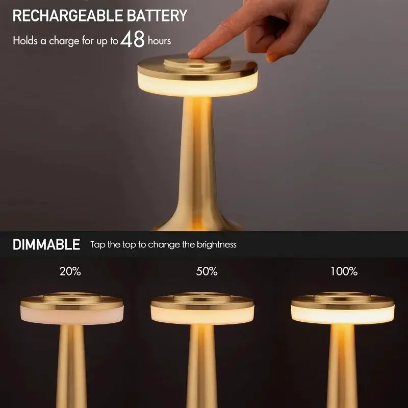 Metal touch table lamp USB rechargeable bedside night light dimmable brightness gold finish on Tampa Home & Garden Store