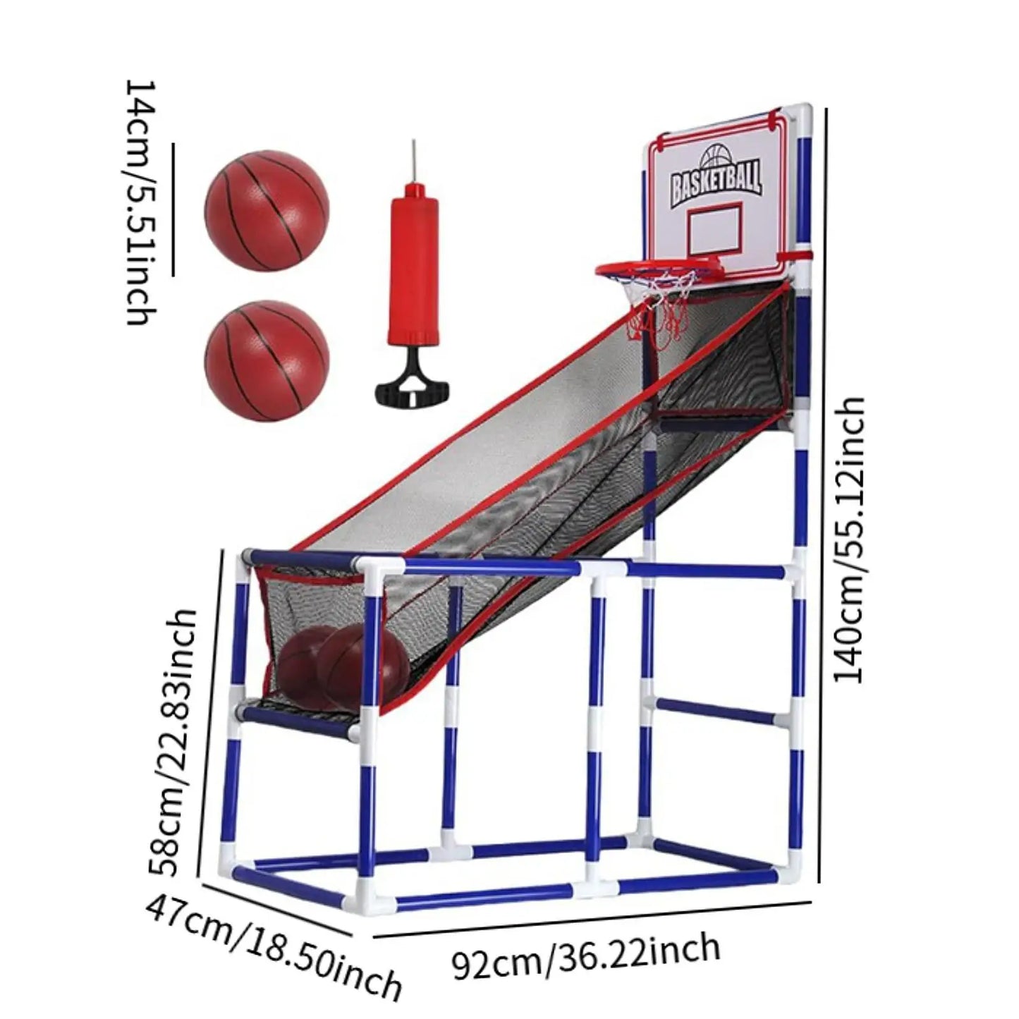 Arcade basketball game set adjustable height with mini hoop, two red balls and pump on Tampa Home & Garden Store