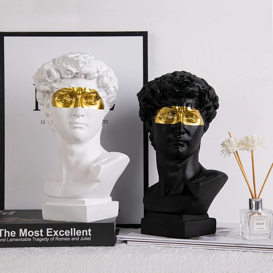 Perfecsy David head resin busts white and black with gold eye masks for modern home decor on Tampa Home & Garden Store