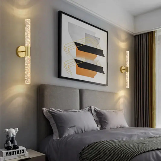 Nordic Crystal Rod LED Wall Lamp pair with brass mounts and glittering tubes for bedside on Tampa Home & Garden Store