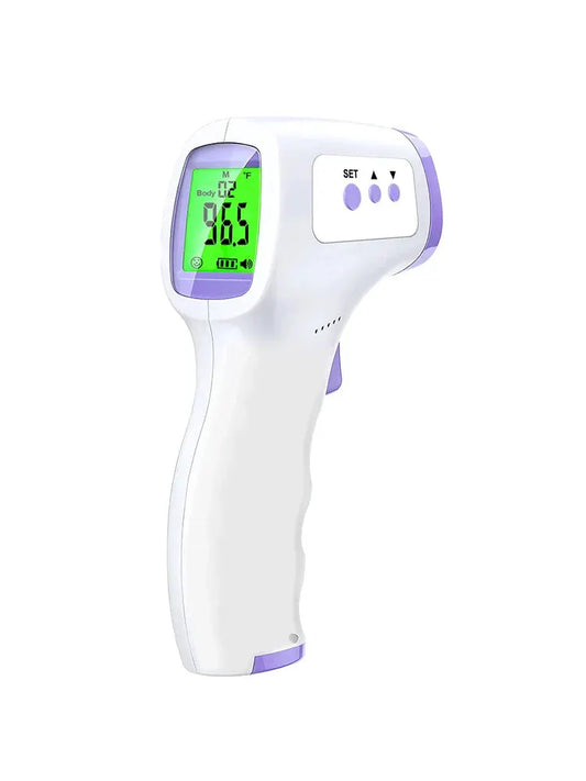 Digital infrared thermometer Moktan Sabai with white purple body and green backlit display on Tampa Home & Garden Store