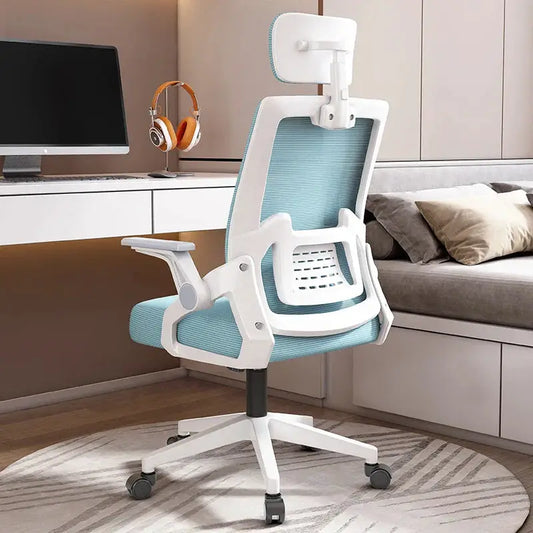 Ergonomic mesh office chair with swivel, white frame and light blue mesh, Moktan Sabai on Tampa Home & Garden Store