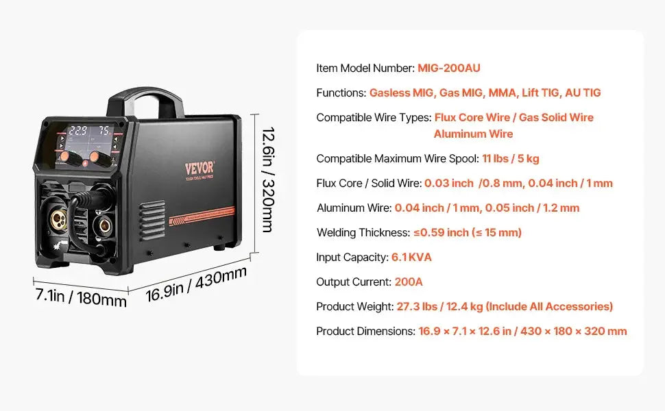 5-in-1 MIG Welder 200A portable black unit by VEVOR with LCD display on Tampa Home & Garden Store