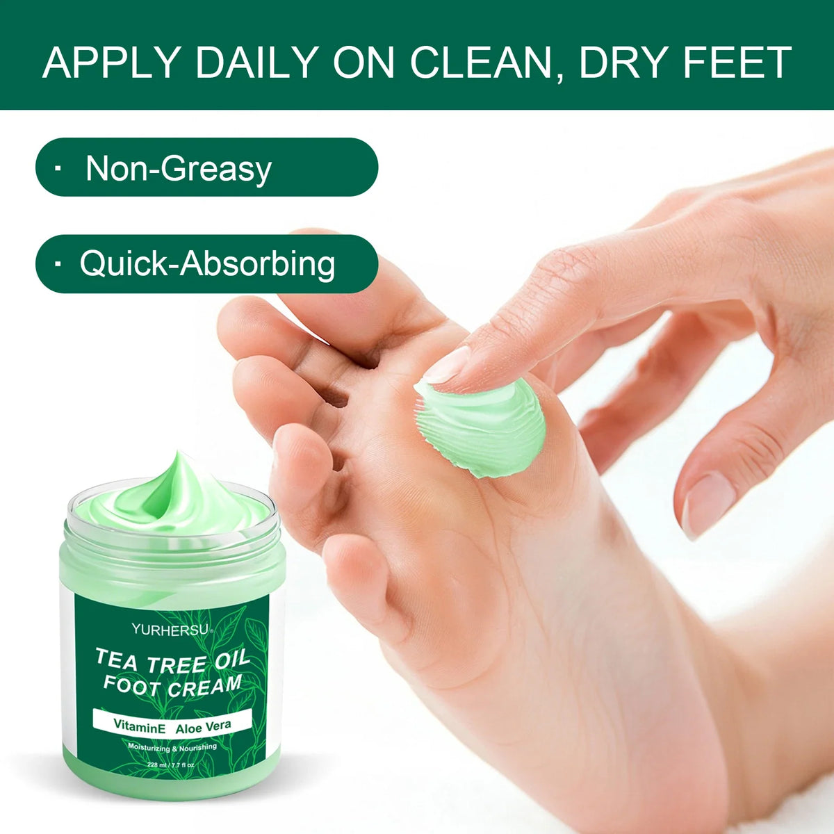 YURHERSU Tea Tree Oil Foot Cream jar with mint-green cream applied to a toe on Tampa Home & Garden Store