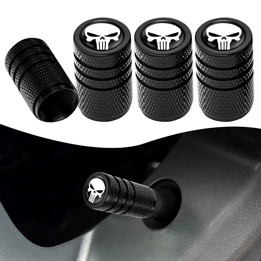 4-pack skull valve stem caps by BikerZoneZ, knurled black metal caps with white skull logo on Tampa Home & Garden Store