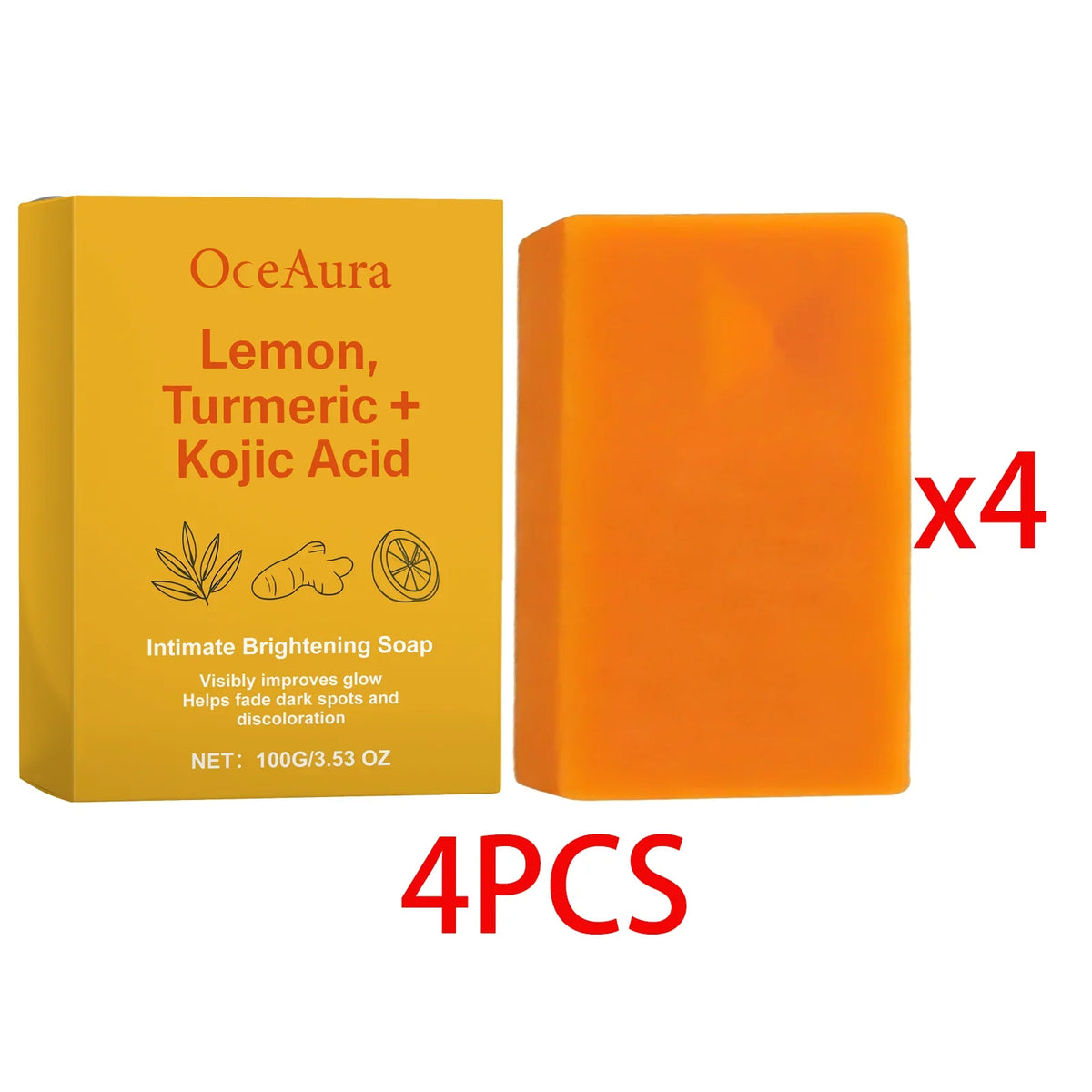 Lemon Turmeric Kojic Acid Soap set: orange soap bar beside yellow OceAura box, 4 pieces on Tampa Home & Garden Store