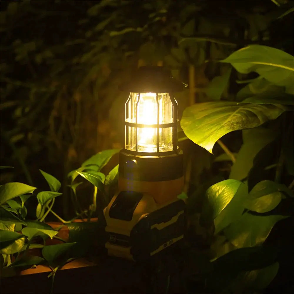 LED work light lantern Moktan Sabai, 18V battery powered, yellow and black, protective cage on Tampa Home & Garden Store