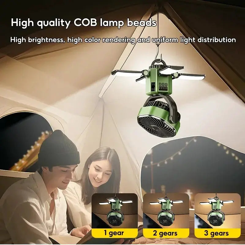 Rechargeable camping fan Moktan Sabai, green with LED bars and 6000mAh battery, portable outdoor on Tampa Home & Garden Store