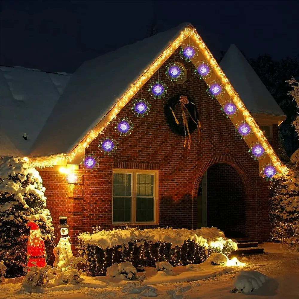 LED Firework Fairy Lights Copper Wire Starburst string lights with purple bursts and glow on Tampa Home & Garden Store