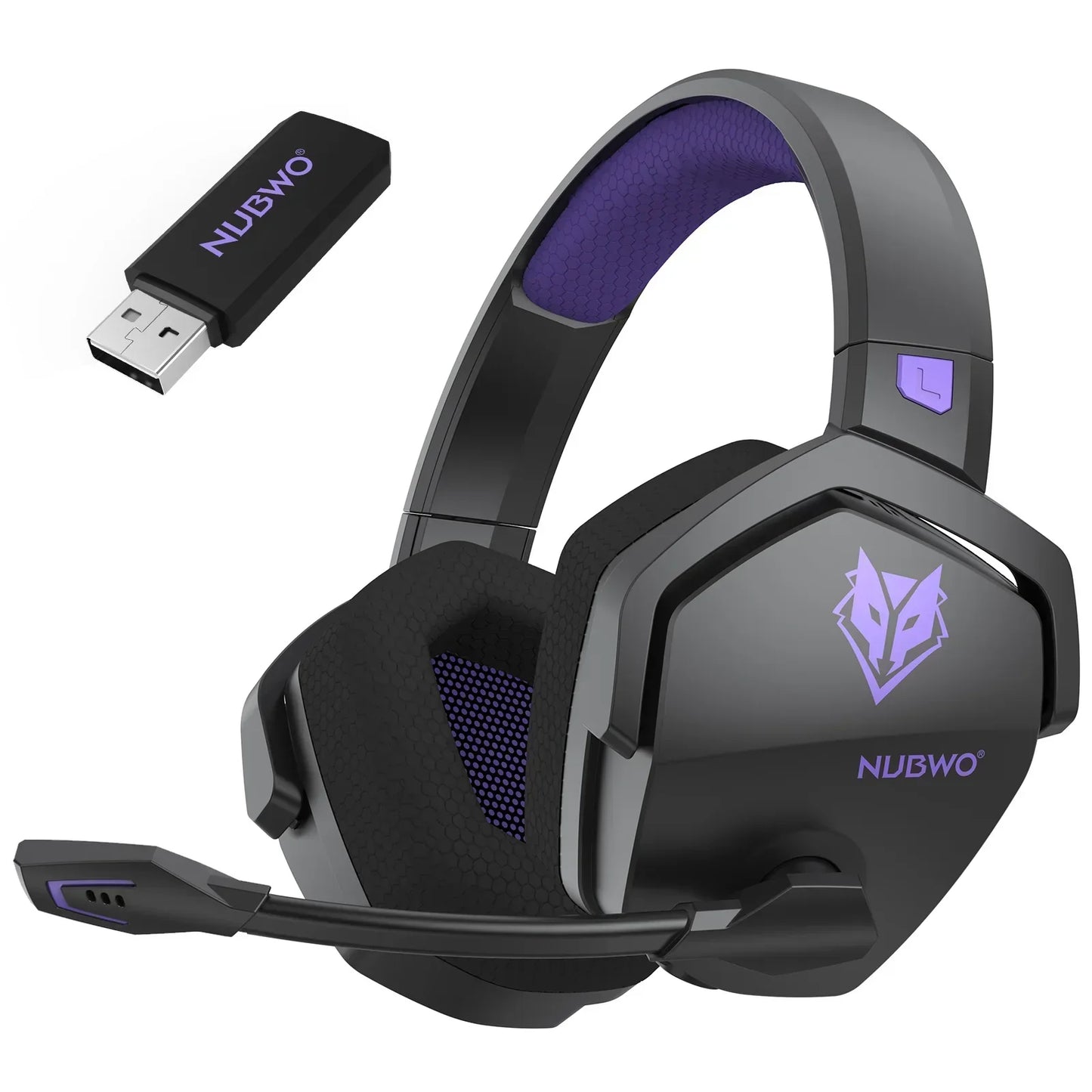 Dual Wireless Gaming Headset with Mic ANC PS5 USB dongle, gray/black with purple pad NUBWO logo on Tampa Home & Garden Store