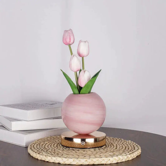Tuliora LED Tulip Night Light with Planet Bouquet pink marble vase and 4 tulips on gold base on Tampa Home & Garden Store