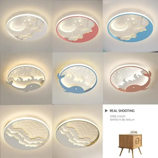 DecorBites Kids LED Nursery Ceiling Light with moon and stars whale motifs white pink blue rims on Tampa Home & Garden Store