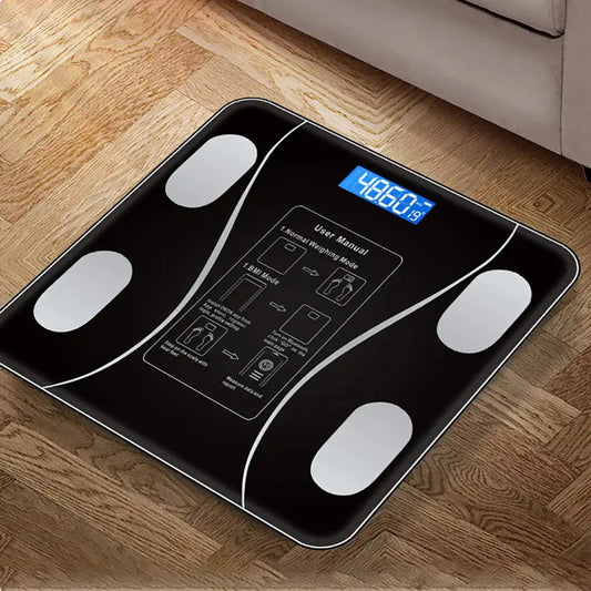 Smart Bluetooth Digital Scale black glass with blue LED display for body fat analysis on Tampa Home & Garden Store