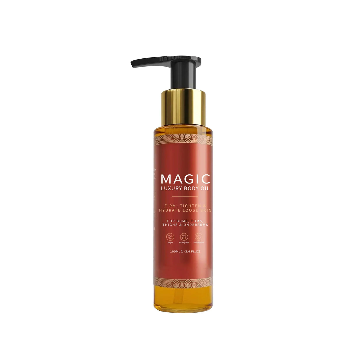 Silcy Skin Magic Luxury Body Oil amber bottle with black pump and gold collar on Tampa Home & Garden Store