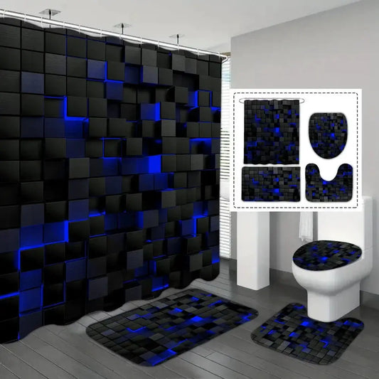 Waterproof Shower Curtain Set with Hooks Moktan Sabai blue black mosaic includes bath mats on Tampa Home & Garden Store