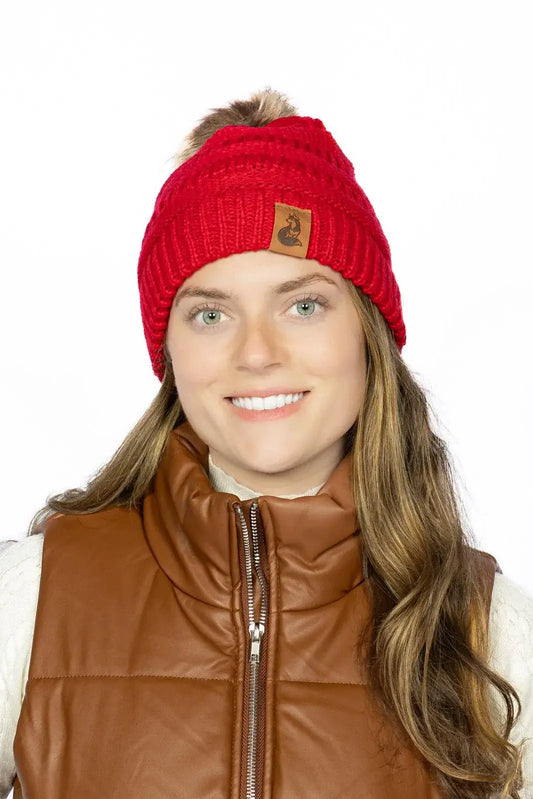 Scarlet ribbed knit beanie with pom, Aria the Fox patch on Tampa Home & Garden Store