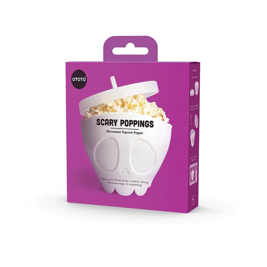 Scary Poppings microwave popcorn popper white skull design on purple OTOTO DESIGN packaging on Tampa Home & Garden Store