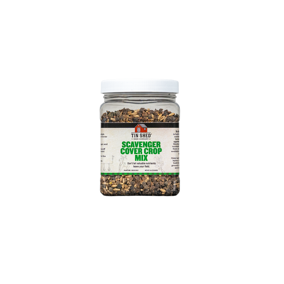 Scavenger Cover Crop Mix 1 lb seeds in a clear jar by Tin Shed Seed Company covers 900–1,200 ft on Tampa Home & Garden Store