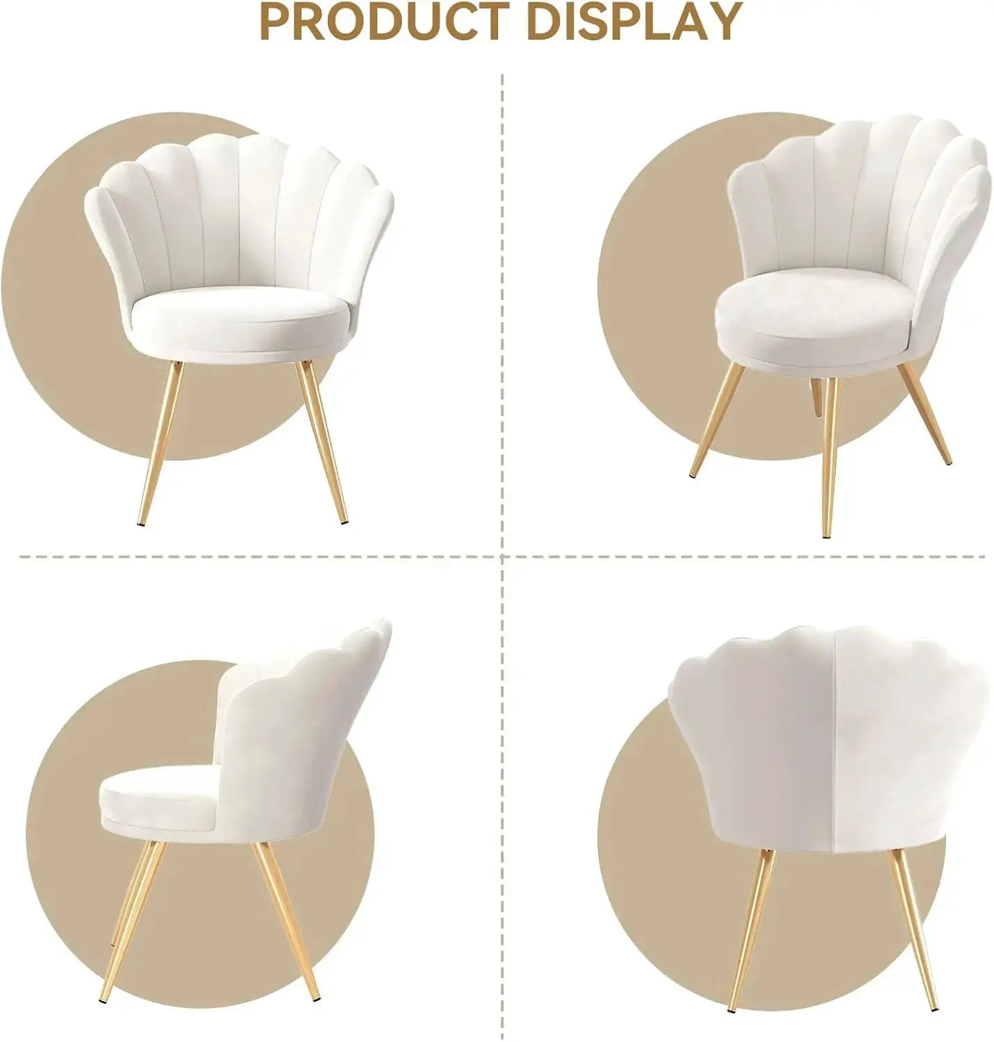 Velvet vanity armchair with white upholstery and gold metal legs, 4-view display on Tampa Home & Garden Store