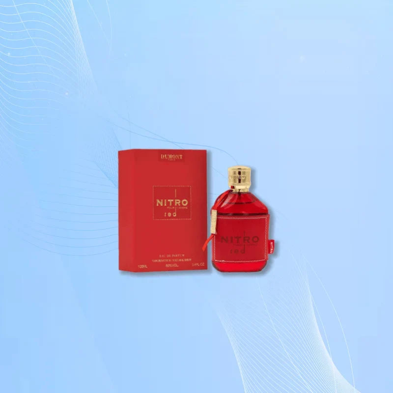 NITRO red Eau de Parfum for men bottle with gold cap beside red box by Silcy Skin on Tampa Home & Garden Store