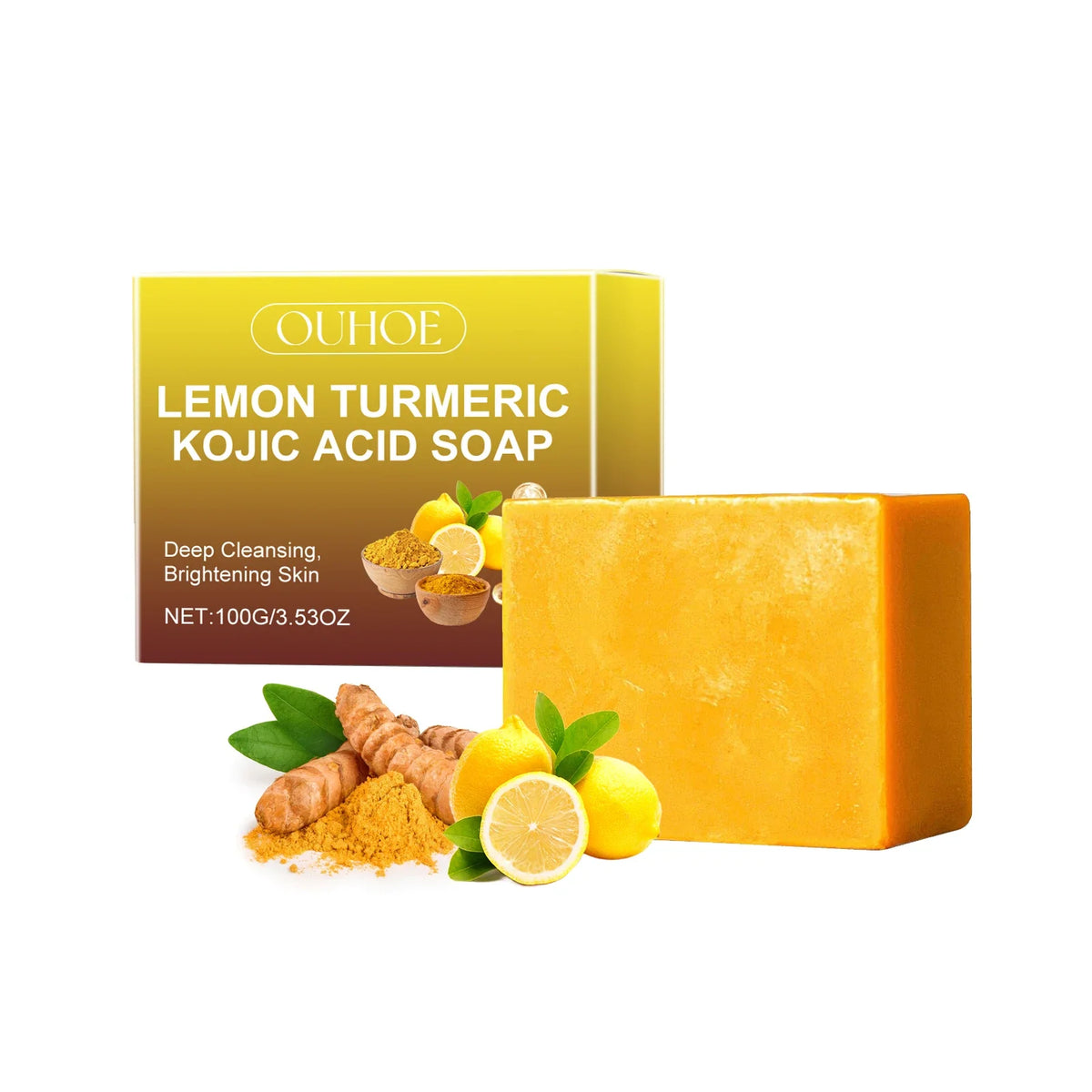 Lemon turmeric kojic acid soap bar by Silcy Skin; soap beside gold box with OUHOE branding on Tampa Home & Garden Store
