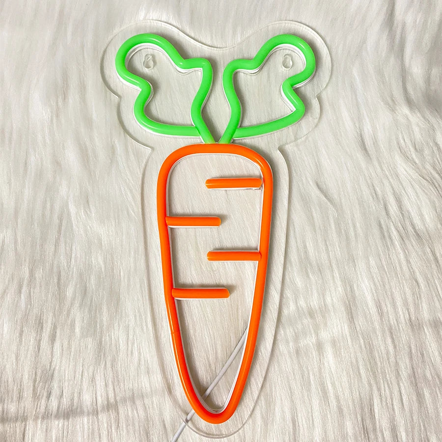 Carrot LED neon sign by Perfecsy, orange carrot with green leaves, USB powered wall decor on Tampa Home & Garden Store