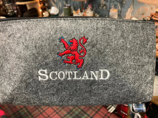 Pouch gray felt with red Scotland Rampant Lion embroidery and black zipper on Tampa Home & Garden Store