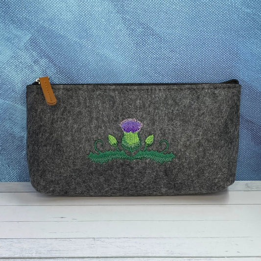 Scottish Thistle Embroidered Felt Zipper Pouch in gray with tan leather pull by Thistle & Stitch on Tampa Home & Garden Store