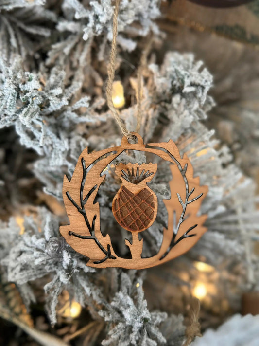 Scottish Thistle Wooden Ornament by Acorn and Fox, copper-toned cutout with pinecone motif on Tampa Home & Garden Store