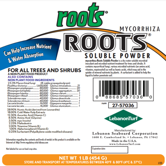 Roots Mycorrhizae Soluble Powder packaging with Roots logo and barcode Rivendell on Tampa Home & Garden Store