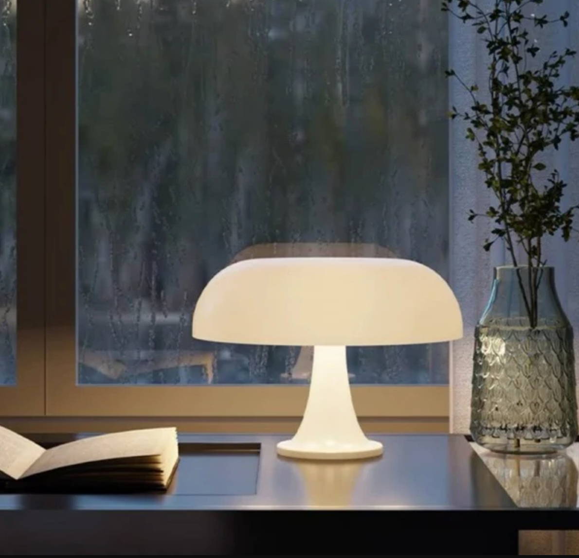 Nordic Mushroom Table Lamp white frosted shade on pedestal, ambient night light on glass-topped desk on Tampa Home & Garden Store