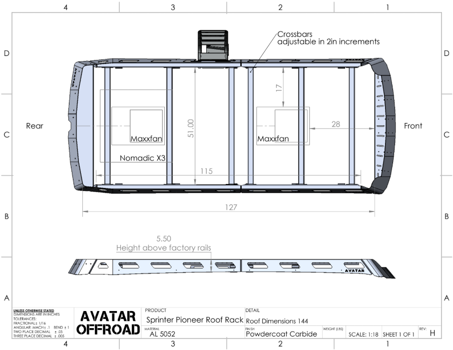 Pioneer Sprinter Roof Rack Avatar Offroad powdercoat van rack with adjustable crossbars on Tampa Home & Garden Store