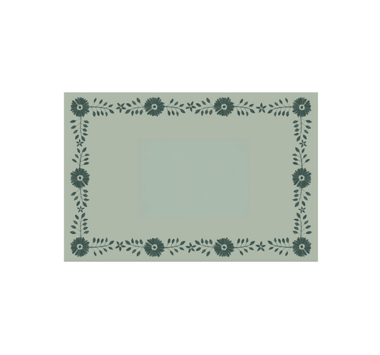 Josephine Daisy Paper Placemat Pad pale sage placemat with teal floral border Pavilion Paper on Tampa Home & Garden Store