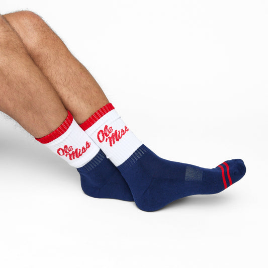 Ole Miss Colonel 4-Pack crew socks by DeadSoxy, white with red cuff stripes and blue foot on Tampa Home & Garden Store