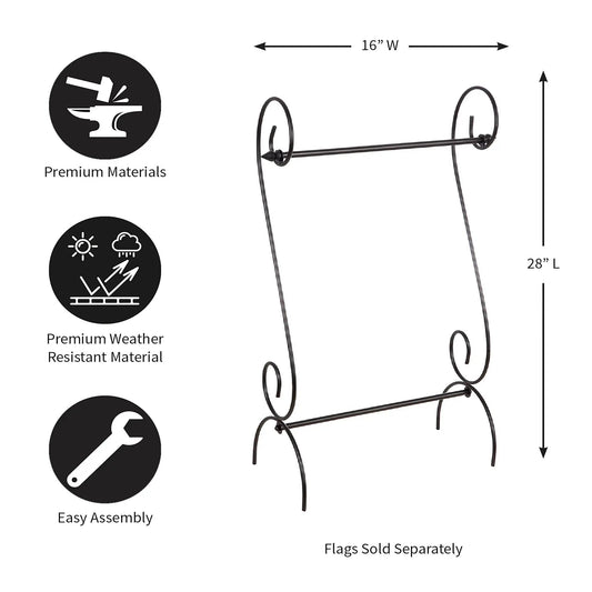 Scroll garden flag stand for porch by Evergreen Enterprises; black metal, easy assembly on Tampa Home & Garden Store