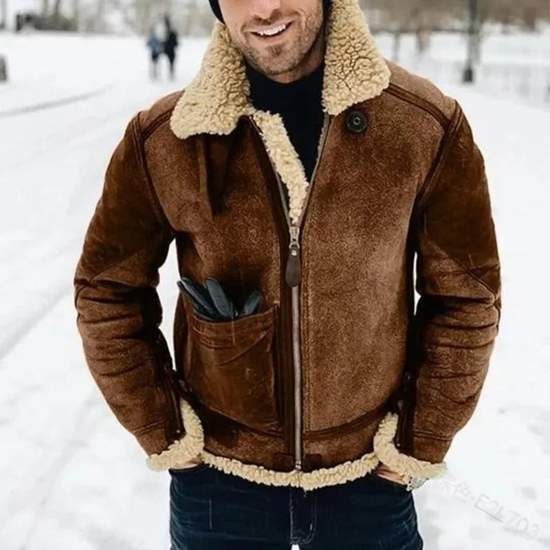 Men's brown suede shearling biker jacket with zip front and stand collar by UpTrend Deals on Tampa Home & Garden Store